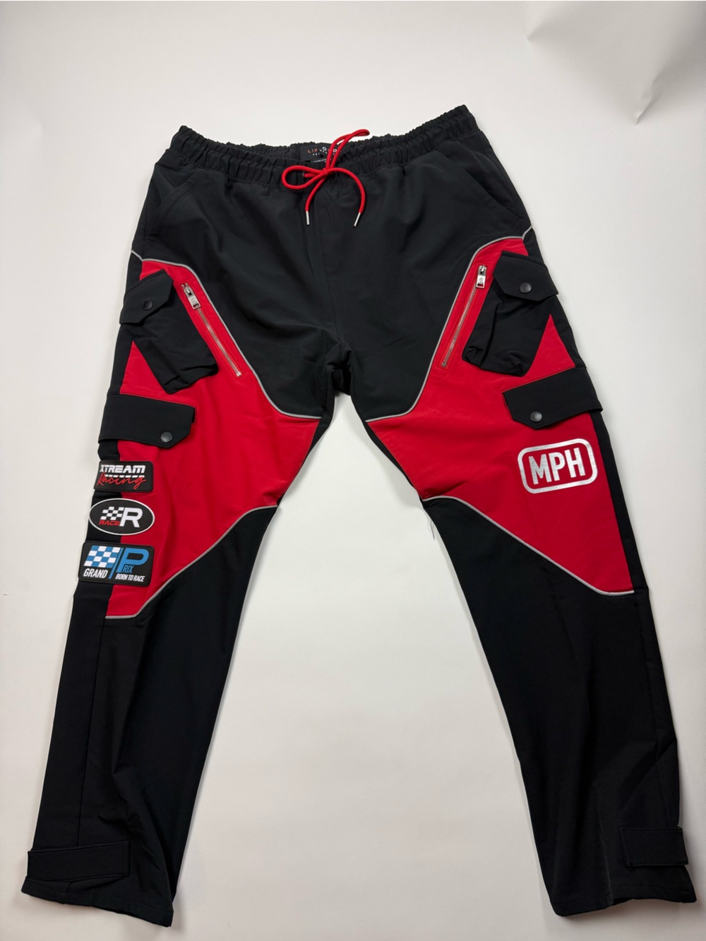 Men's Black & Red Motorsport Cargo Pants with Patchwork
